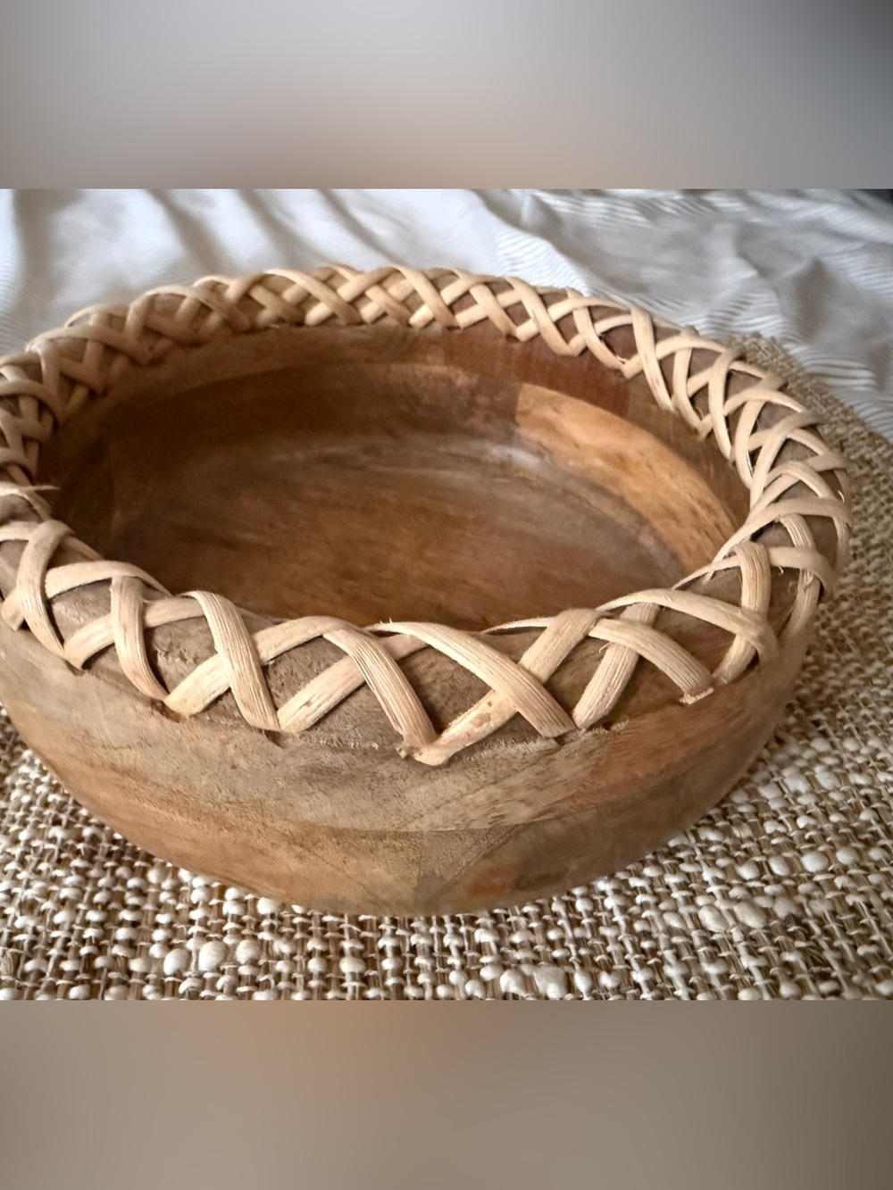 Medium Sized Hand-Carved Natural Wood Accent Bowl with Woven Rim
